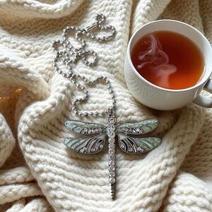 Silver and Green Toned Enamel Dragonfly Pendant Necklace With Rhinestones